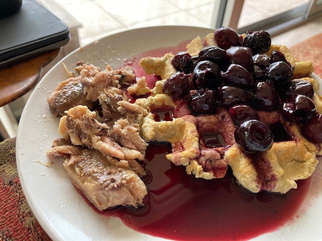 Chaffle with Stewed Cherries and Sardines