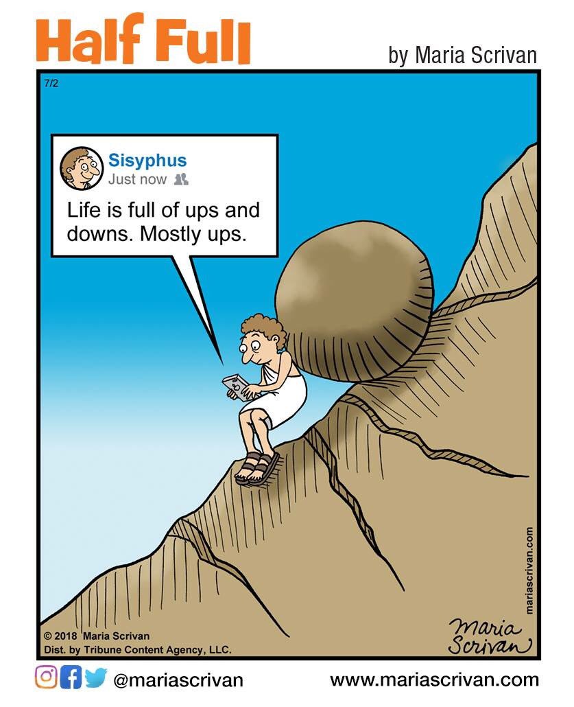 A cartoon of a man on top of a mountain.